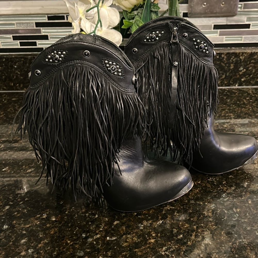 Dingo Ladies Night Black Mid Calf Fringe Cowboy Boots Size 9.5 NWT
